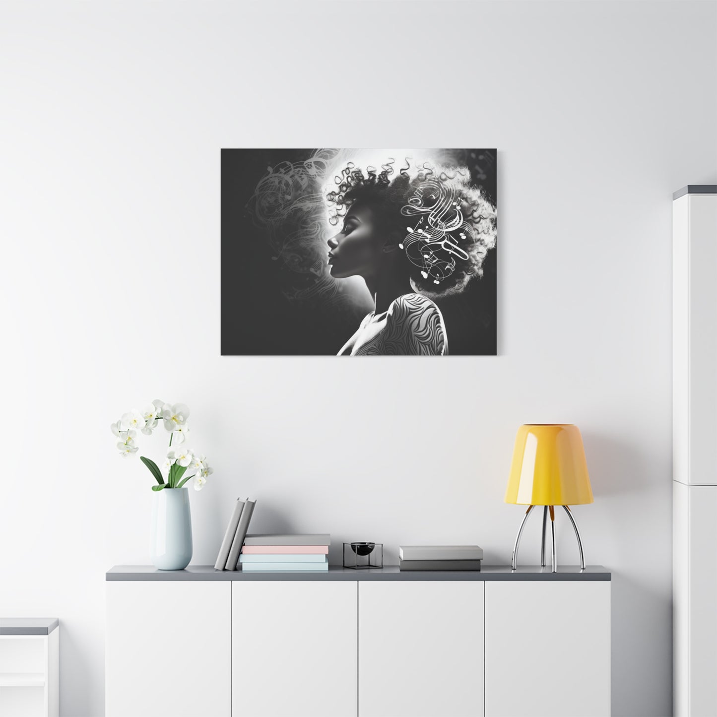 Perfect Music Gift Afro Woman Music wall art decor Black and white Printed on Canvas featuring Black Pop art Ready to hang