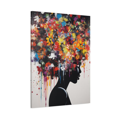 Beautiful African Woman with head of flowers Canvas wall art Perfect for Home, Office or Gift.