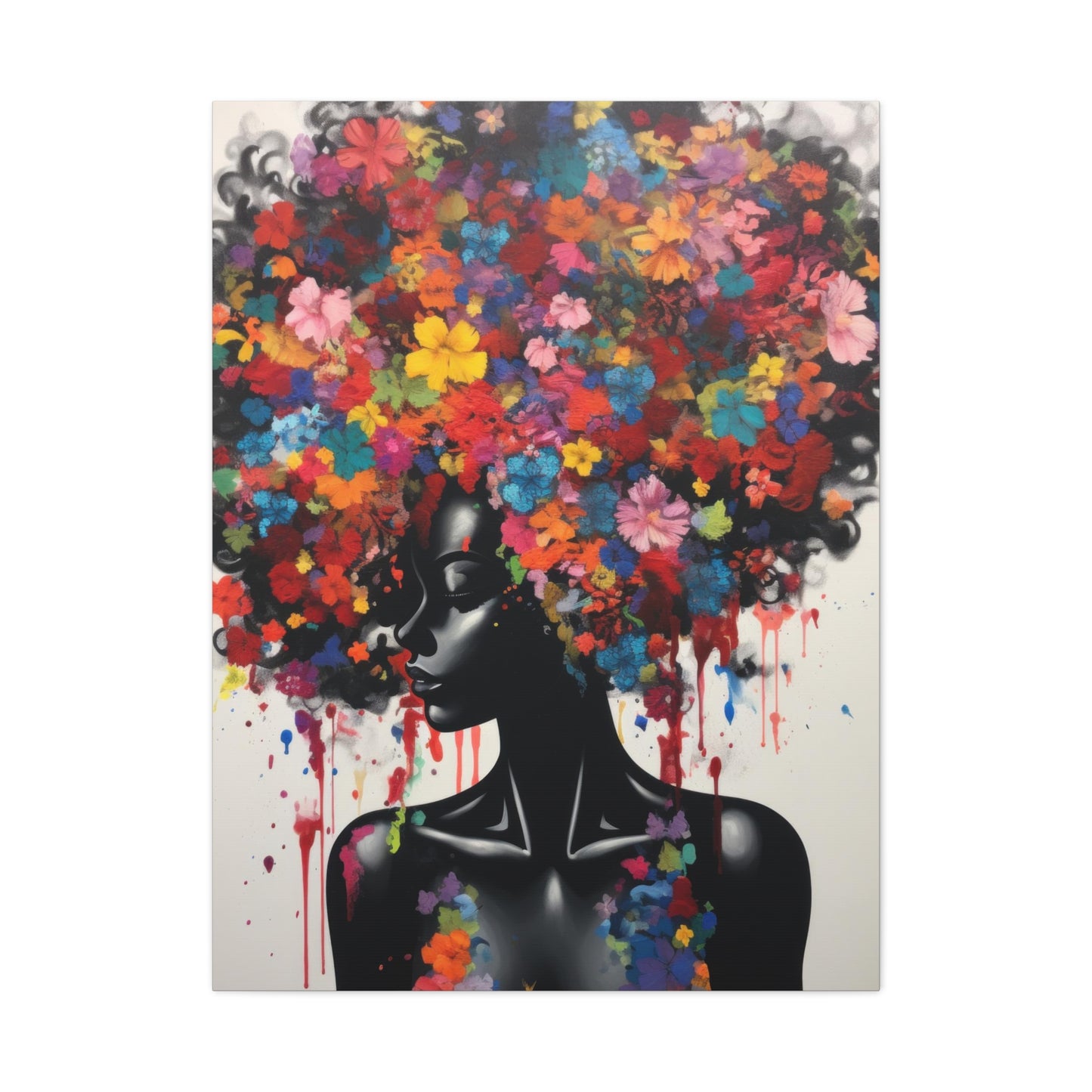 Beautiful Black Woman with head of flowers Canvas wall art the Perfect African American art Perfect Gift.