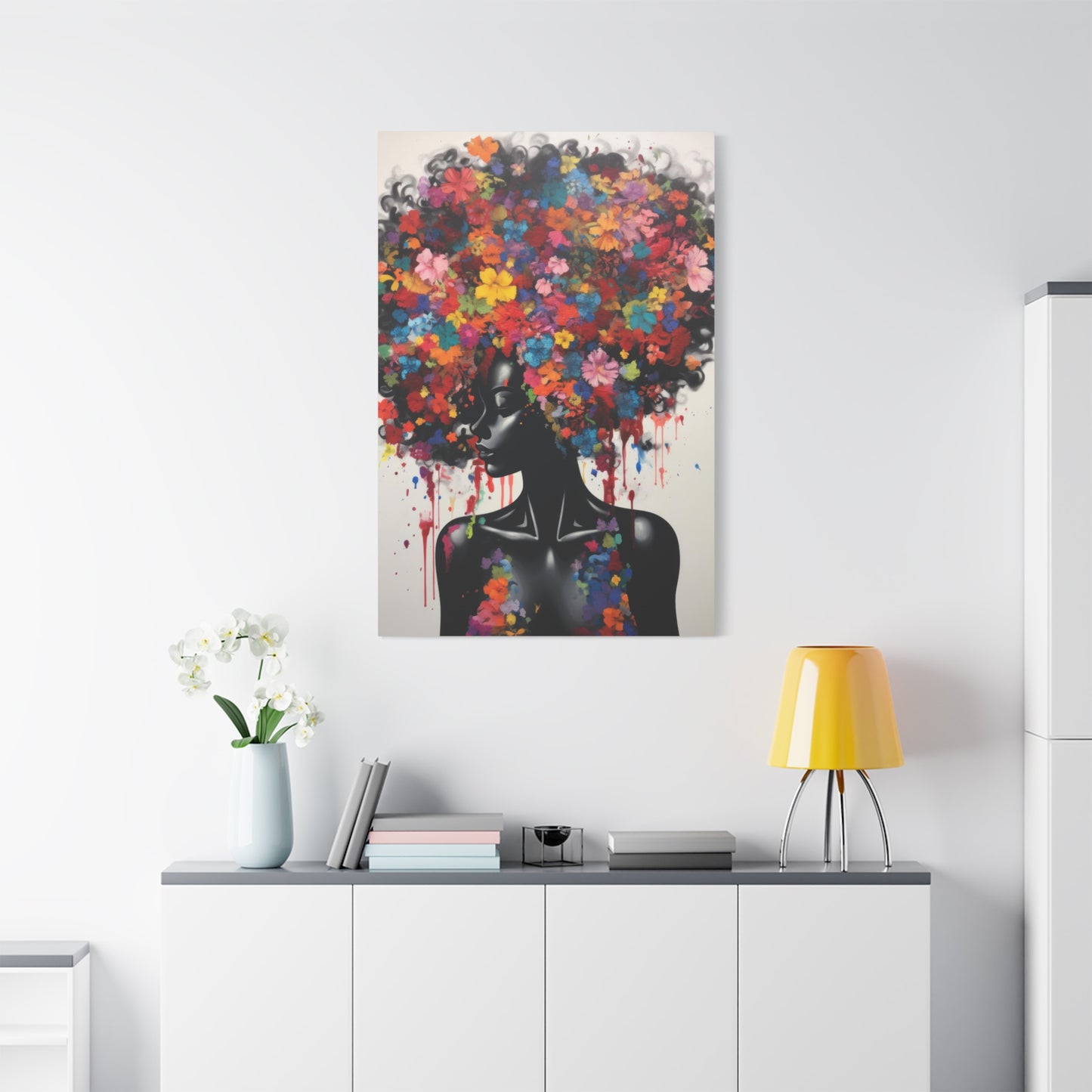 Beautiful Black Woman with head of flowers Canvas wall art the Perfect African American art Perfect Gift.