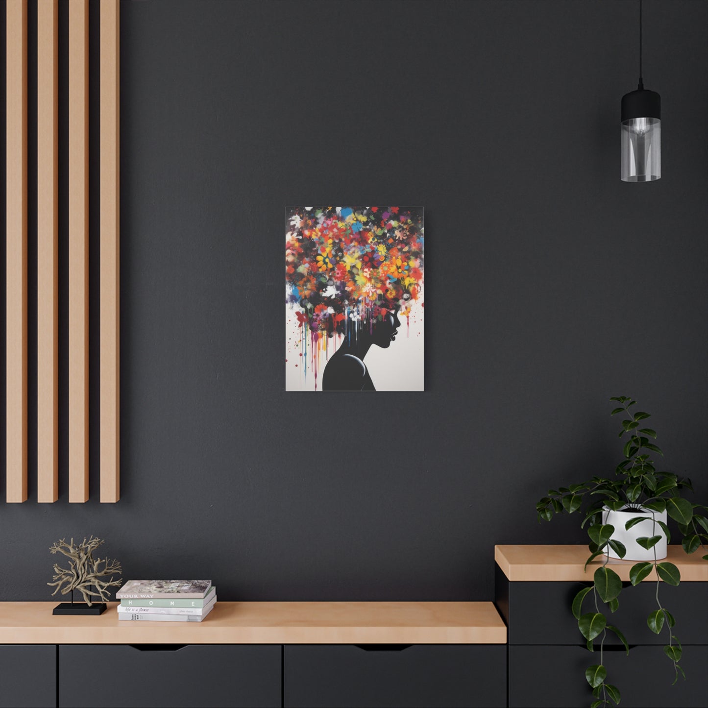 Beautiful African Woman with head of flowers Canvas wall art Perfect for Home, Office or Gift.