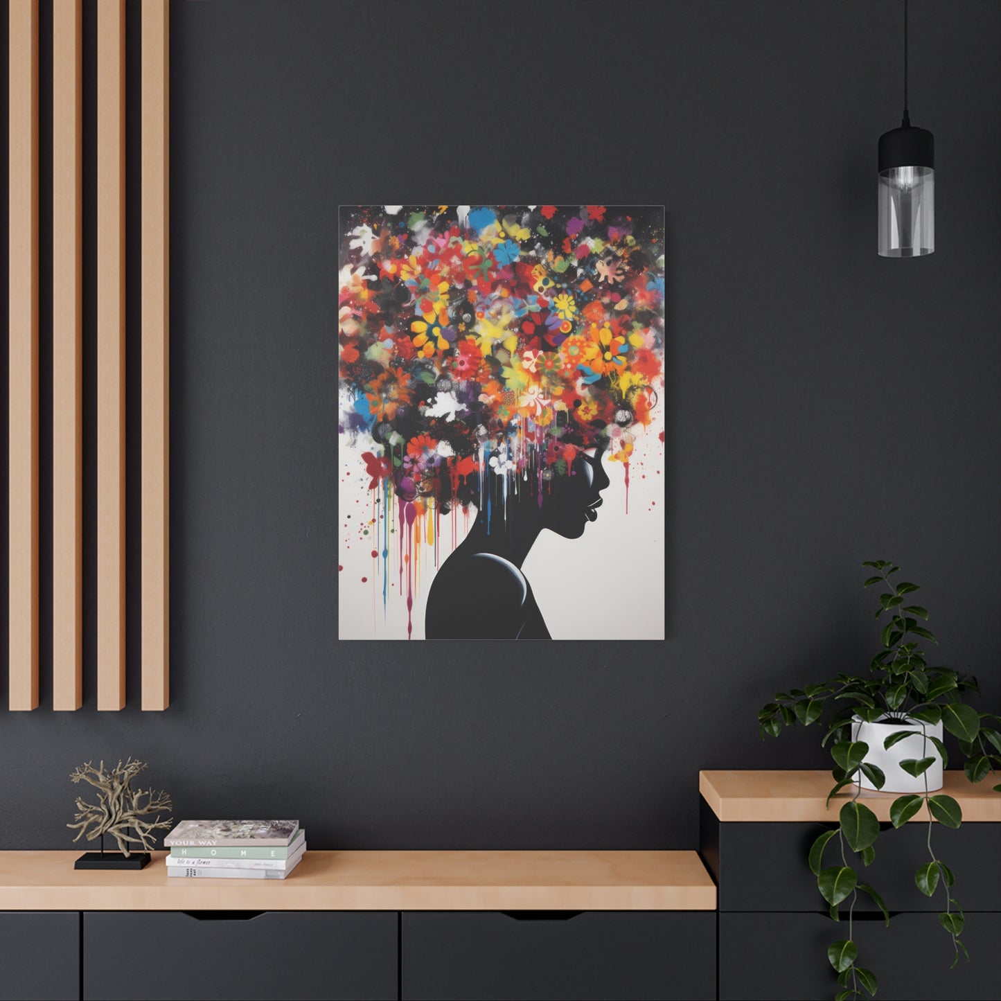 Beautiful African Woman with head of flowers Canvas wall art Perfect for Home, Office or Gift.