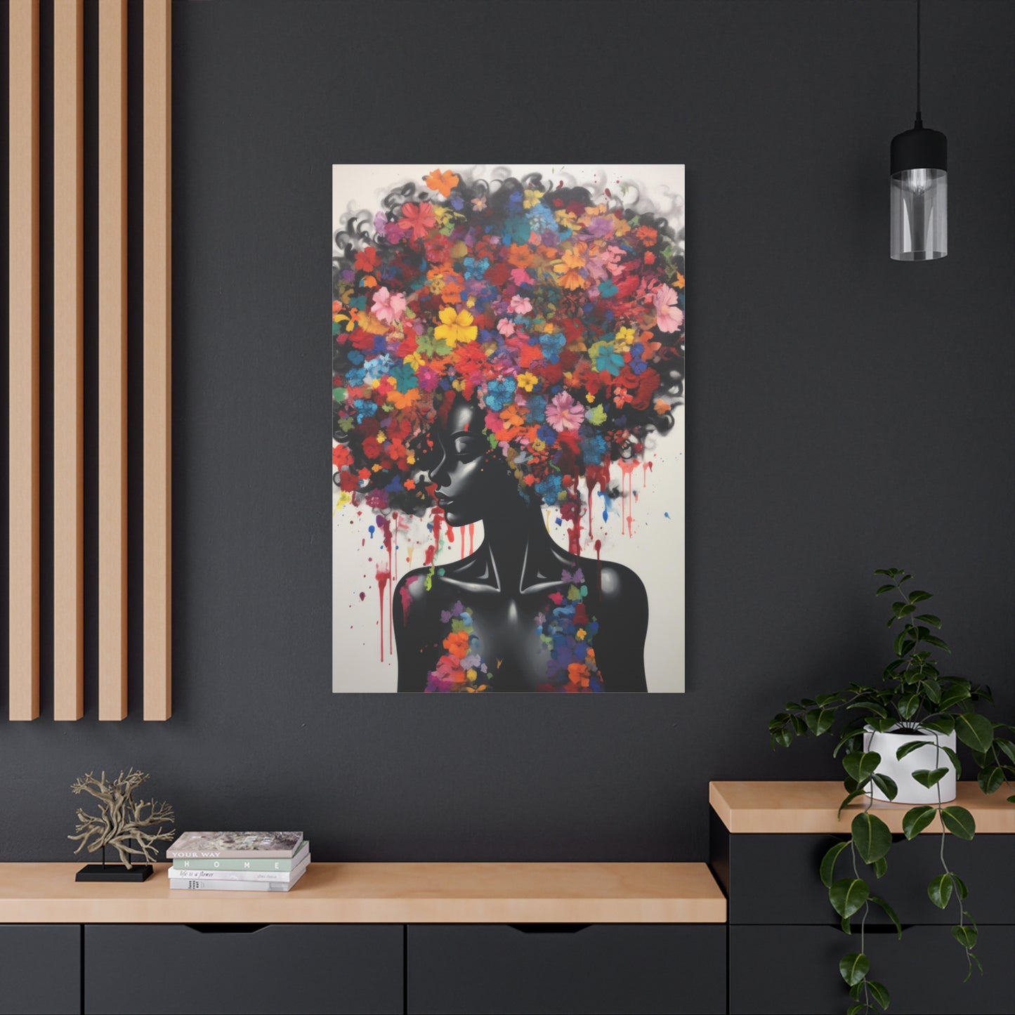 Beautiful Black Woman with head of flowers Canvas wall art the Perfect African American art Perfect Gift.