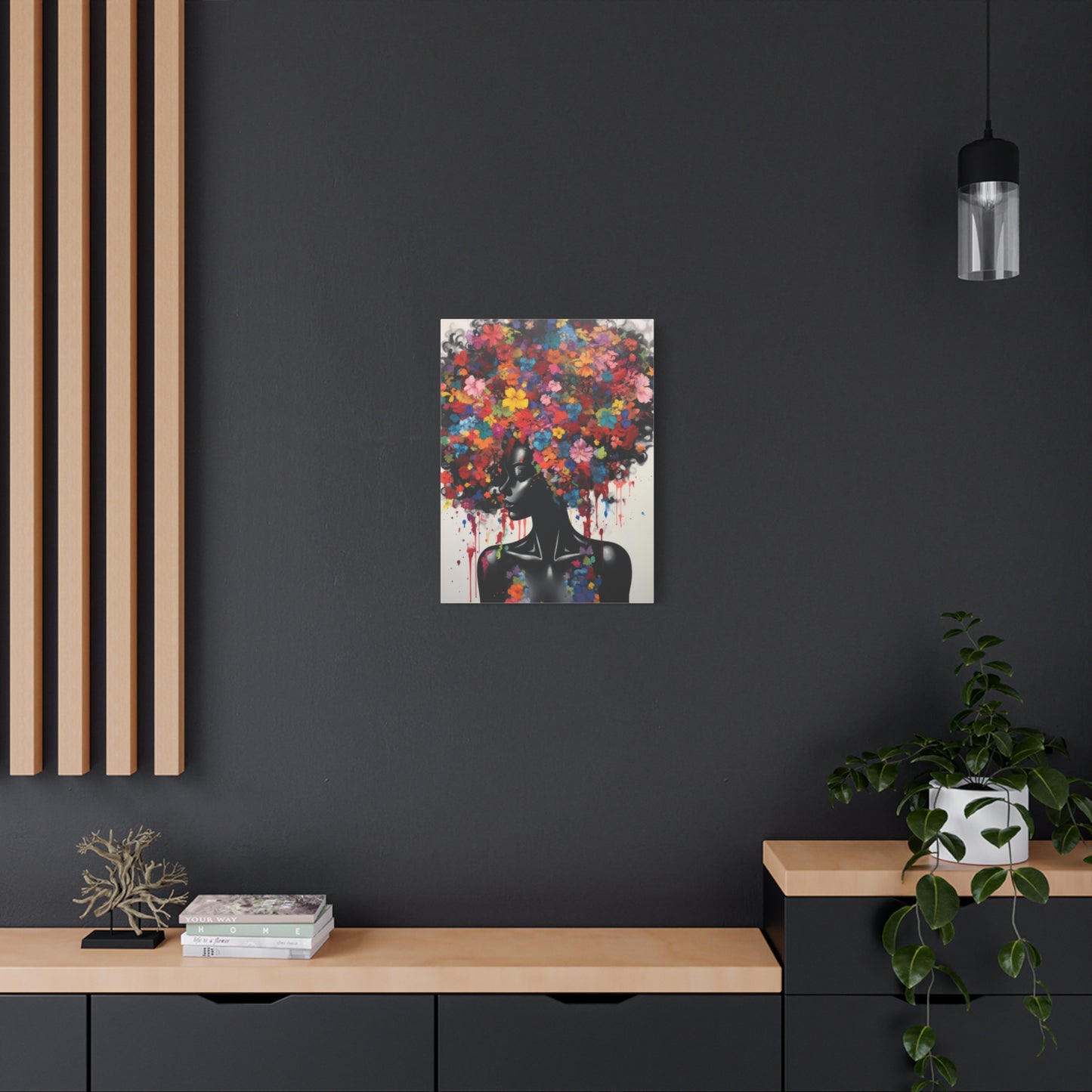 Beautiful Black Woman with head of flowers Canvas wall art the Perfect African American art Perfect Gift.