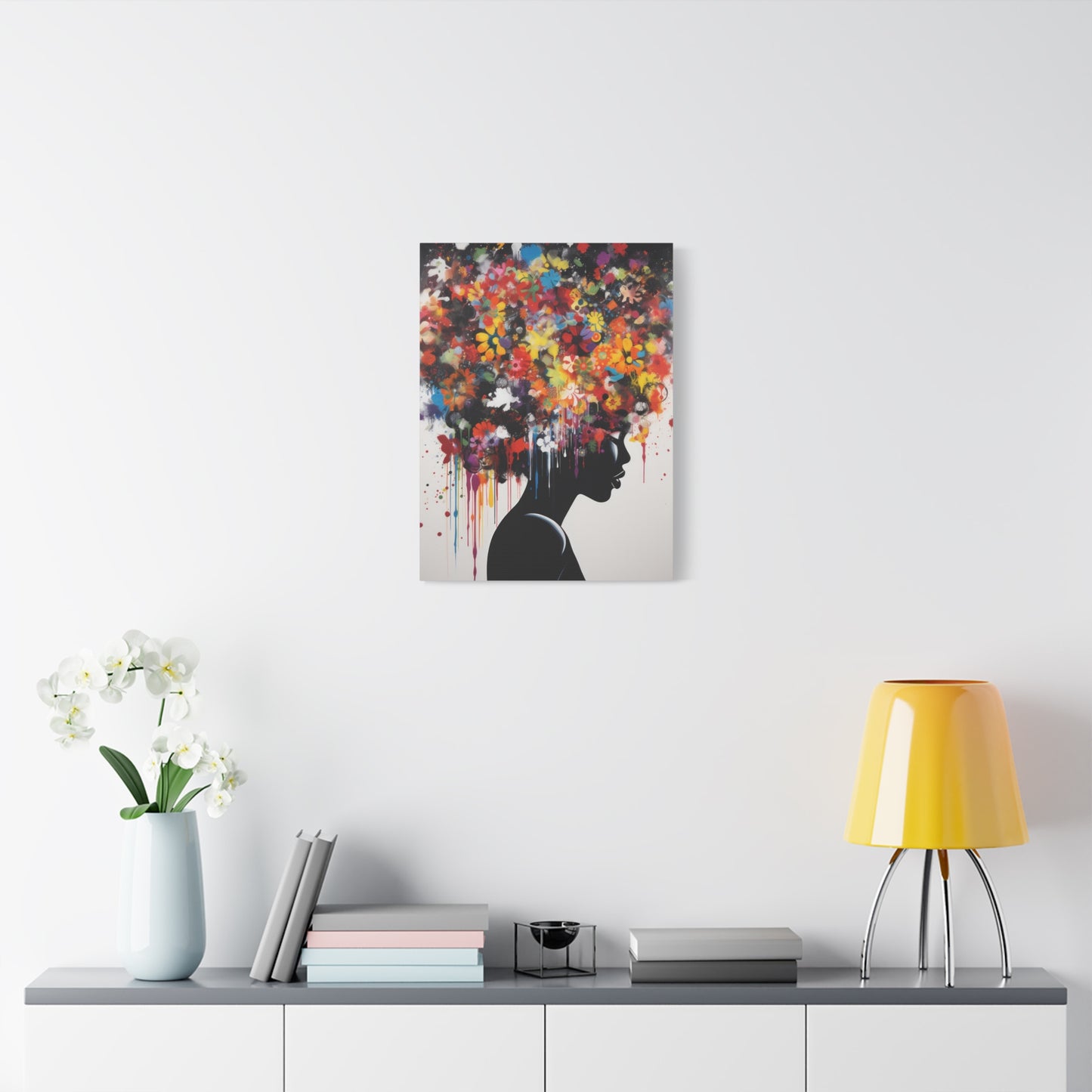 Beautiful African Woman with head of flowers Canvas wall art Perfect for Home, Office or Gift.