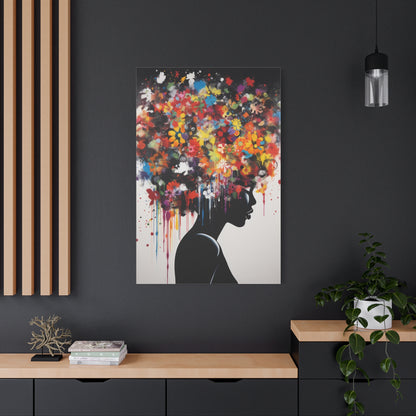 Beautiful African Woman with head of flowers Canvas wall art Perfect for Home, Office or Gift.