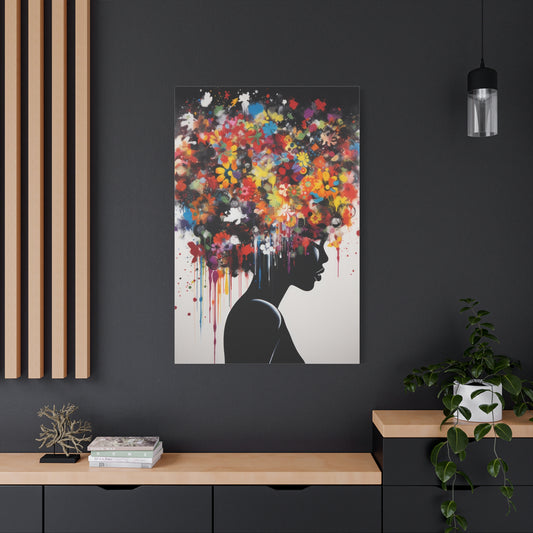 Beautiful African Woman with head of flowers Canvas wall art Perfect for Home, Office or Gift.