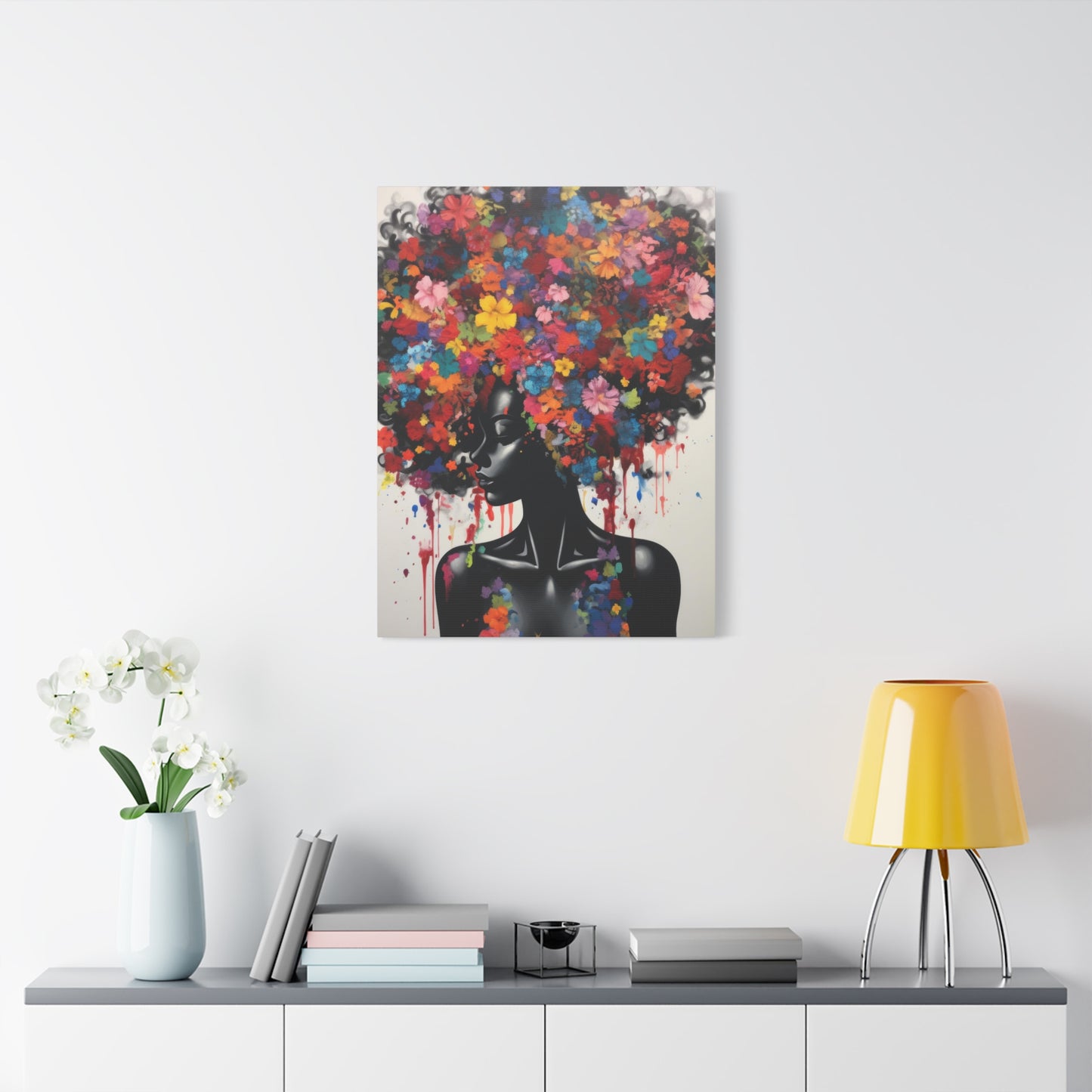 Beautiful Black Woman with head of flowers Canvas wall art the Perfect African American art Perfect Gift.