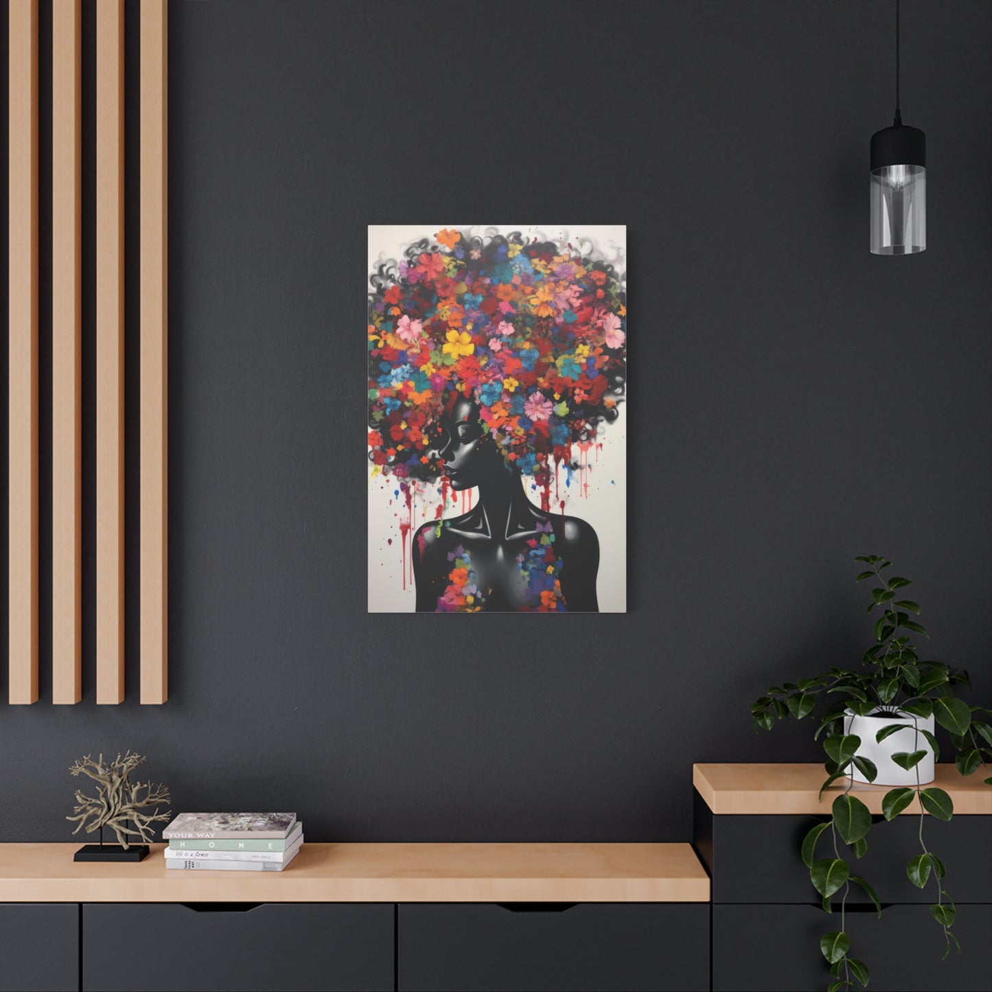 Beautiful Black Woman with head of flowers Canvas wall art the Perfect African American art Perfect Gift.