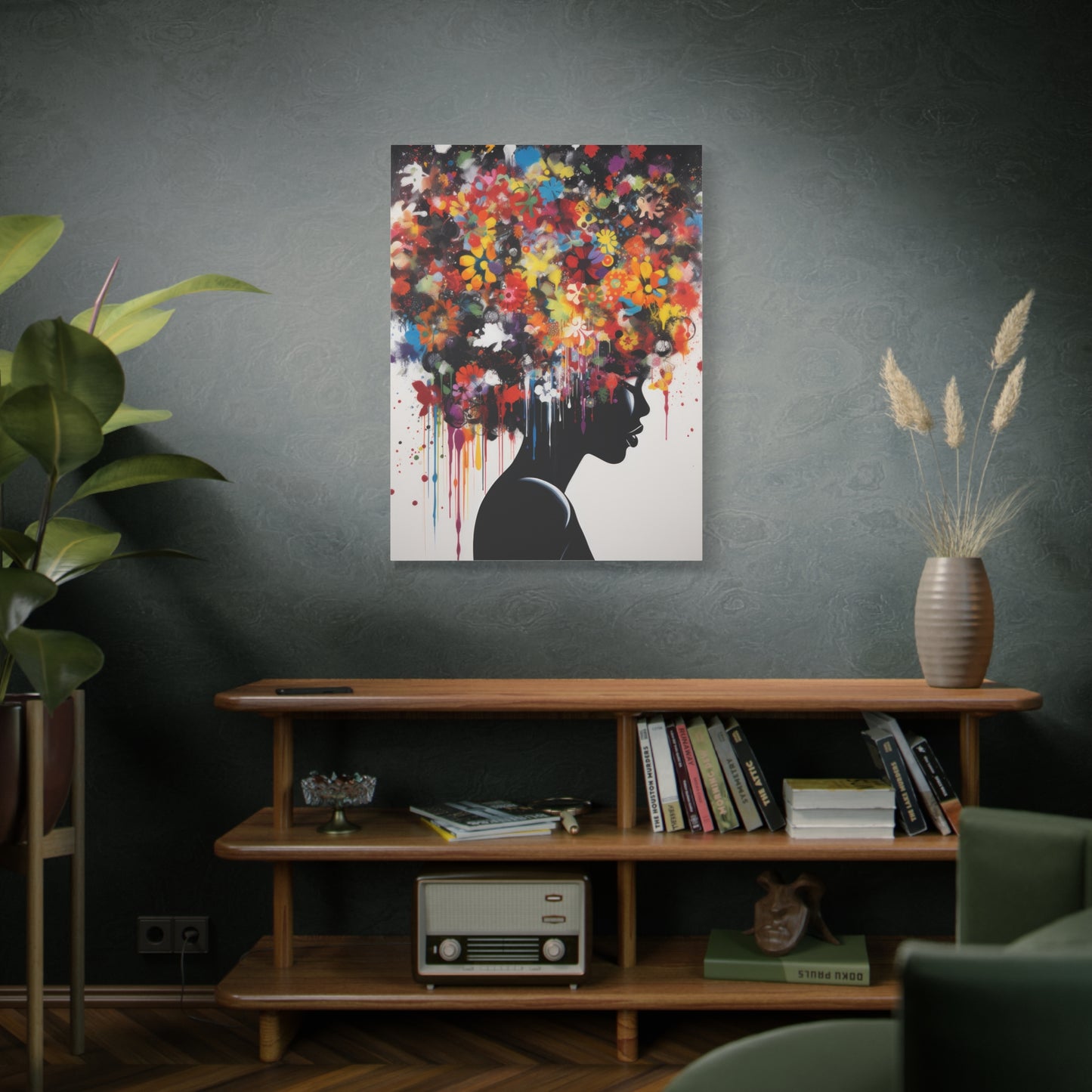 Beautiful African Woman with head of flowers Canvas wall art Perfect for Home, Office or Gift.