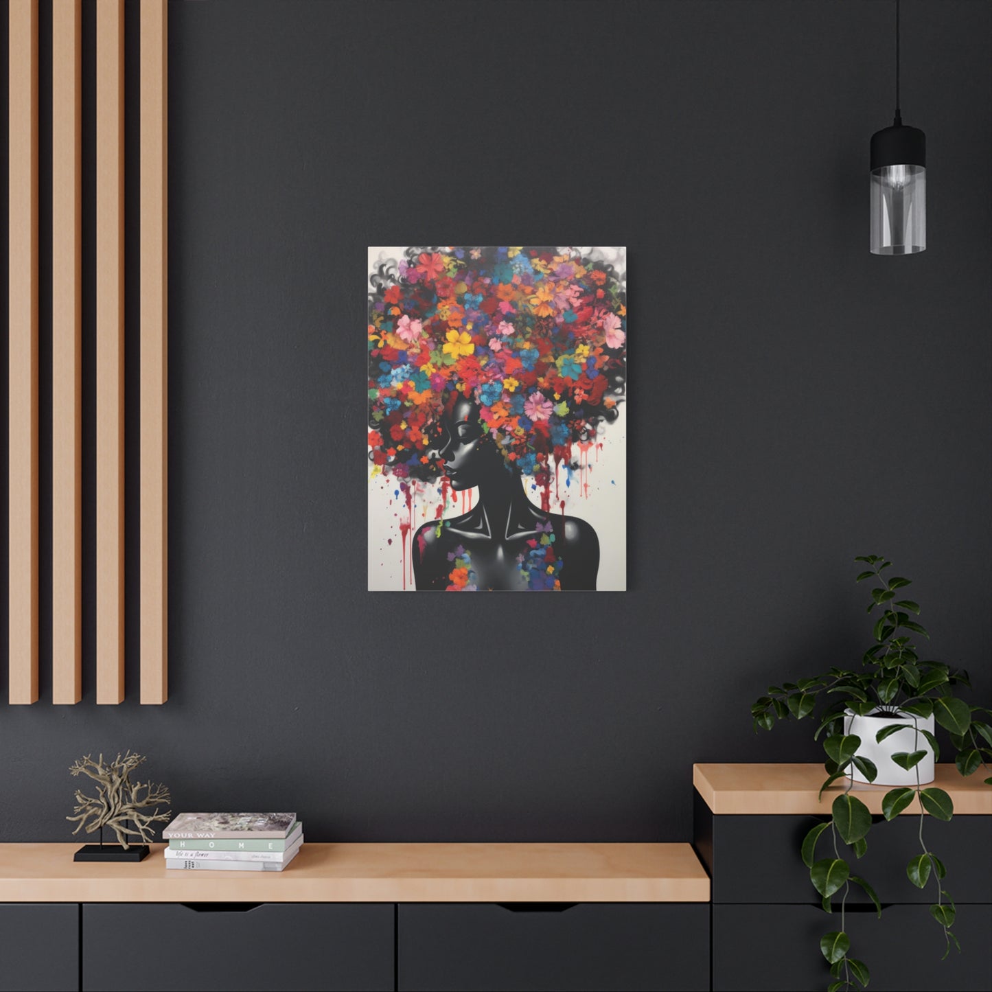 Beautiful Black Woman with head of flowers Canvas wall art the Perfect African American art Perfect Gift.