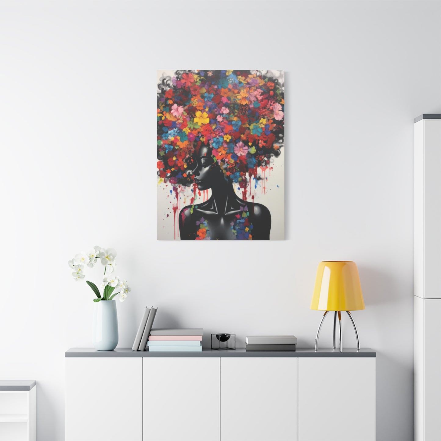 Beautiful Black Woman with head of flowers Canvas wall art the Perfect African American art Perfect Gift.