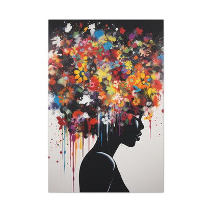 Beautiful African Woman with head of flowers Canvas wall art Perfect for Home, Office or Gift.