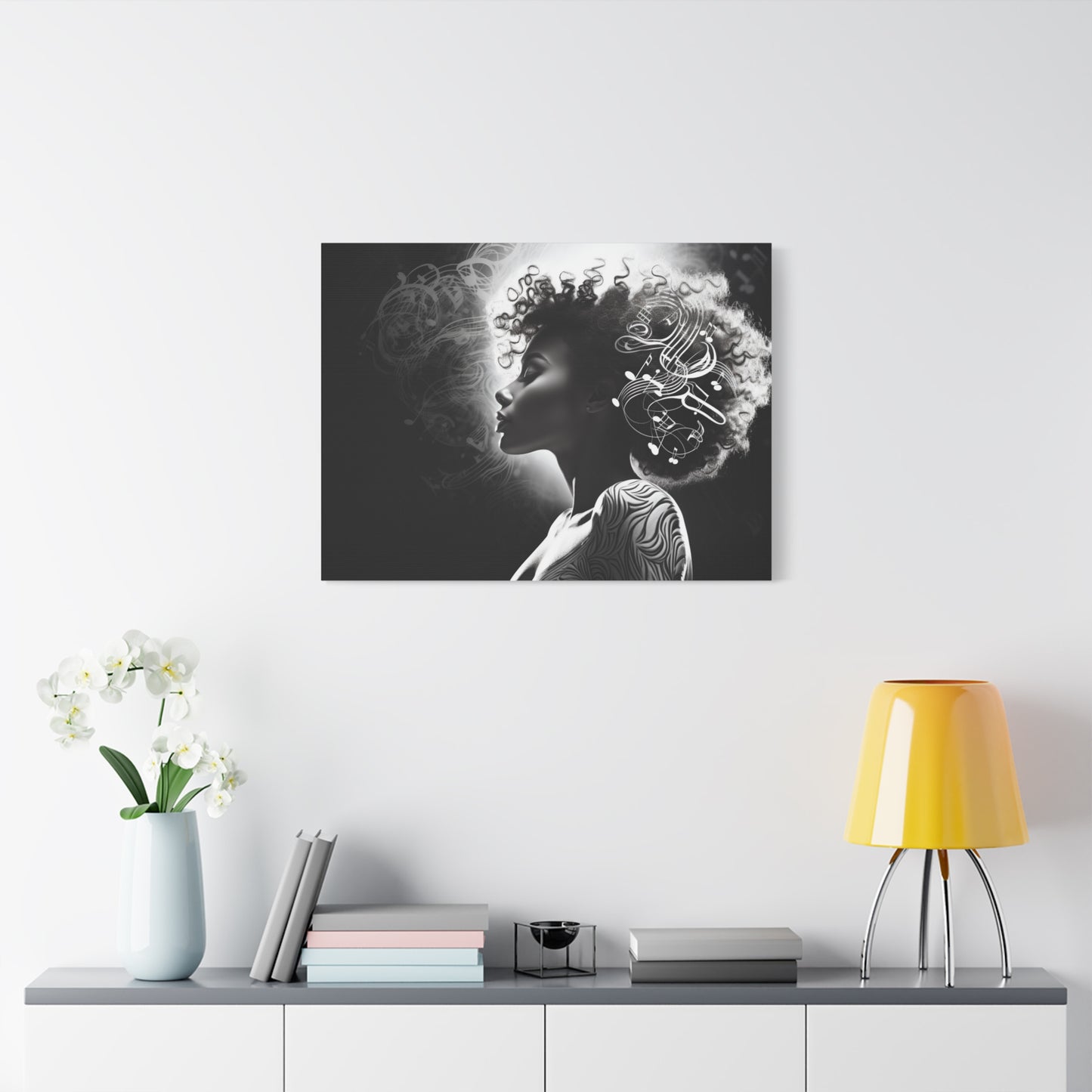 Perfect Music Gift Afro Woman Music wall art decor Black and white Printed on Canvas featuring Black Pop art Ready to hang