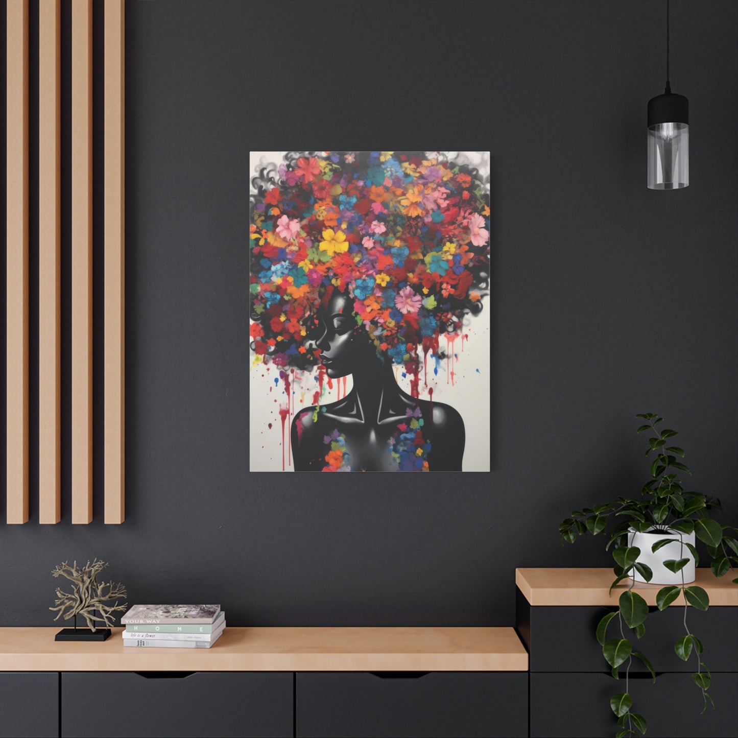 Beautiful Black Woman with head of flowers Canvas wall art the Perfect African American art Perfect Gift.